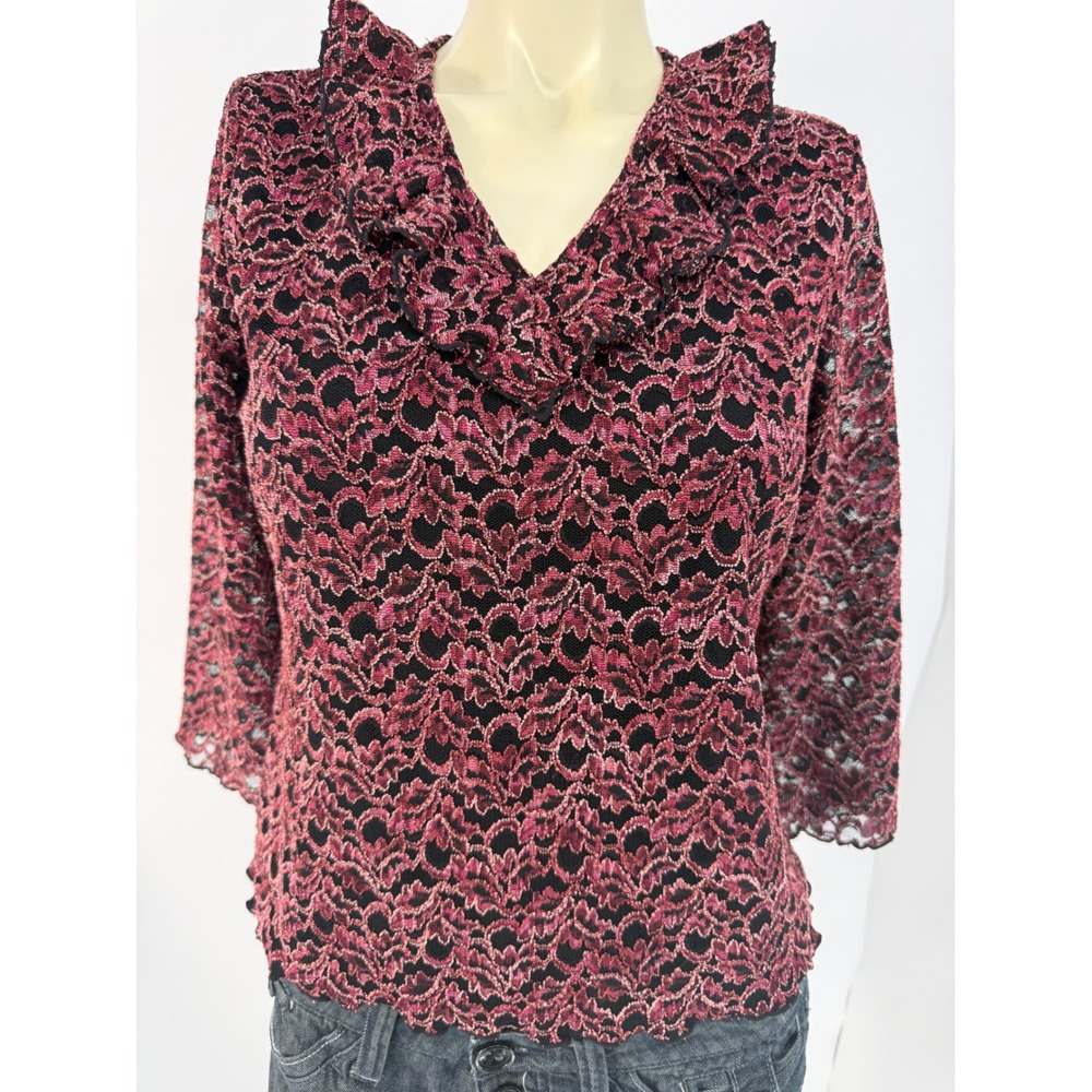 Laura Ashley Petite‎ Black Pink Lace Knit Top PS Whimsigoth Dark Romantic Y2K